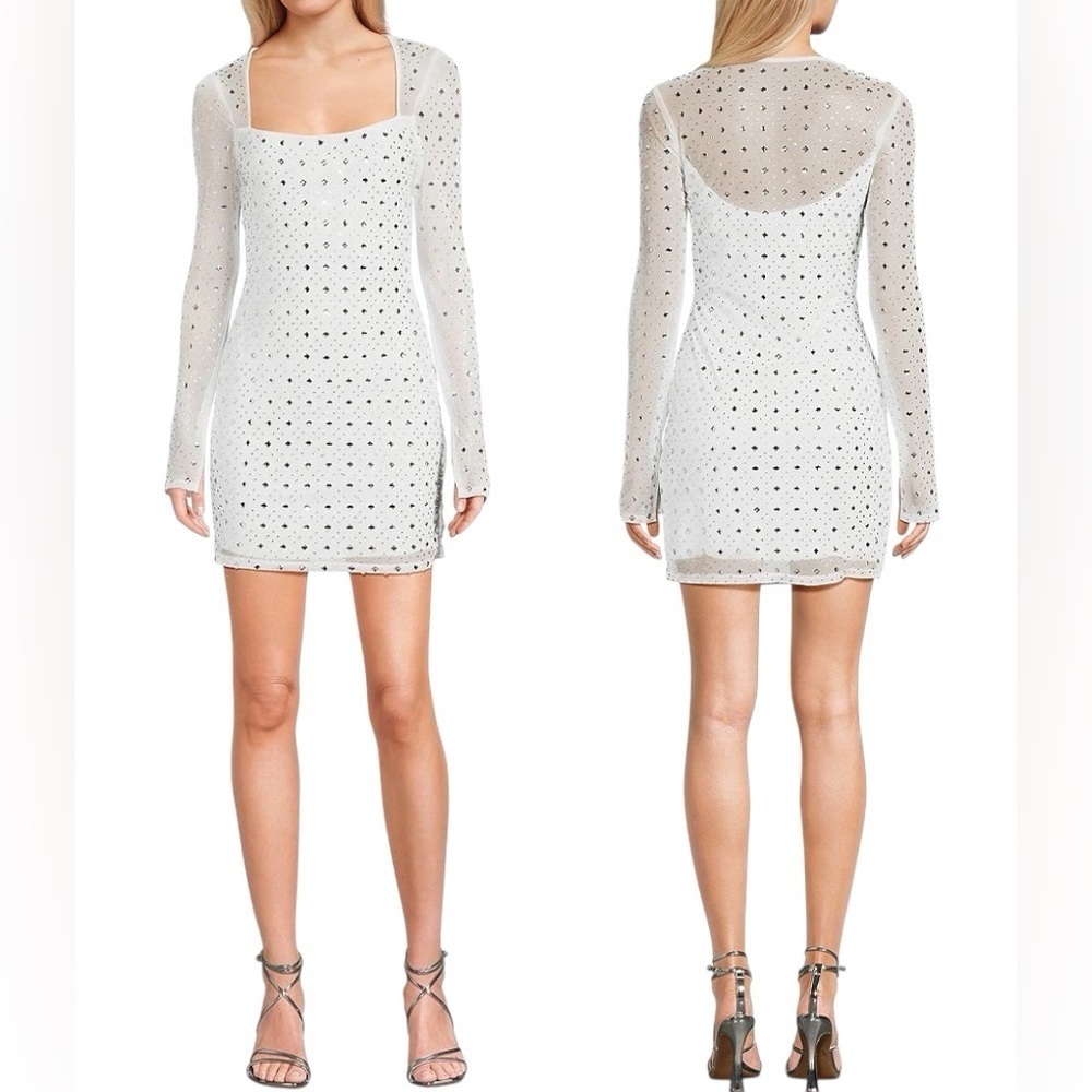 B Darlin White Long Sleeve Dress with Silver stones  Size 3/4 Junior